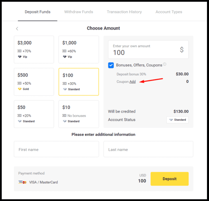 Bônus Binomo no Depósito - Até 70%