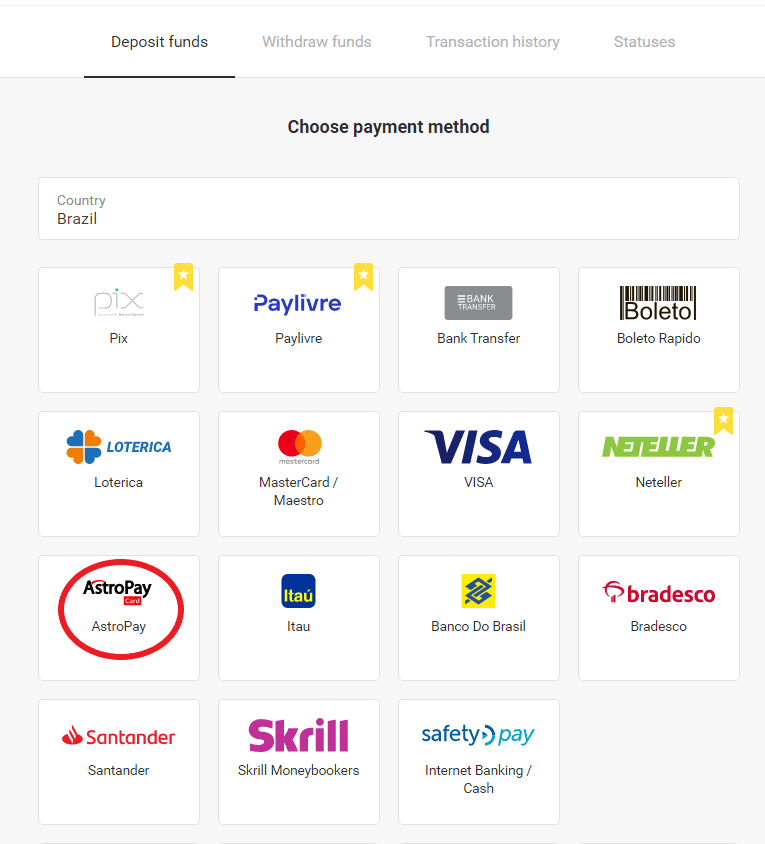 Diposita fons a Binomo a través de la banca per Internet del Brasil (Bank Transer, Paylivre, Loterica, Itau, Boleto Rapido) i carteres electròniques (Picpay, Astropay, Banco do Brasil, Santander, Bradesco, Neteller, Skrill, WebMoney, Advcash)