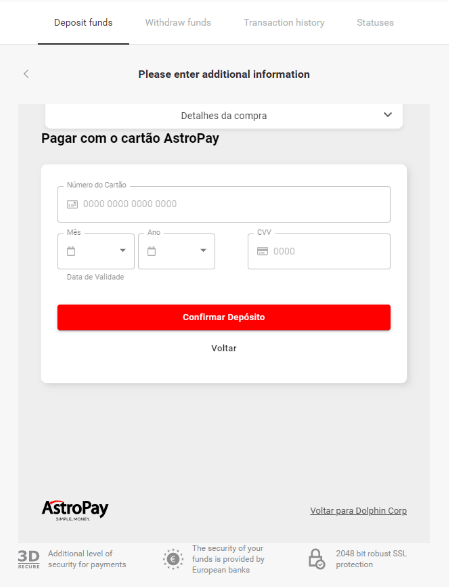Diposita fons a Binomo a través de la banca per Internet del Brasil (Bank Transer, Paylivre, Loterica, Itau, Boleto Rapido) i carteres electròniques (Picpay, Astropay, Banco do Brasil, Santander, Bradesco, Neteller, Skrill, WebMoney, Advcash)