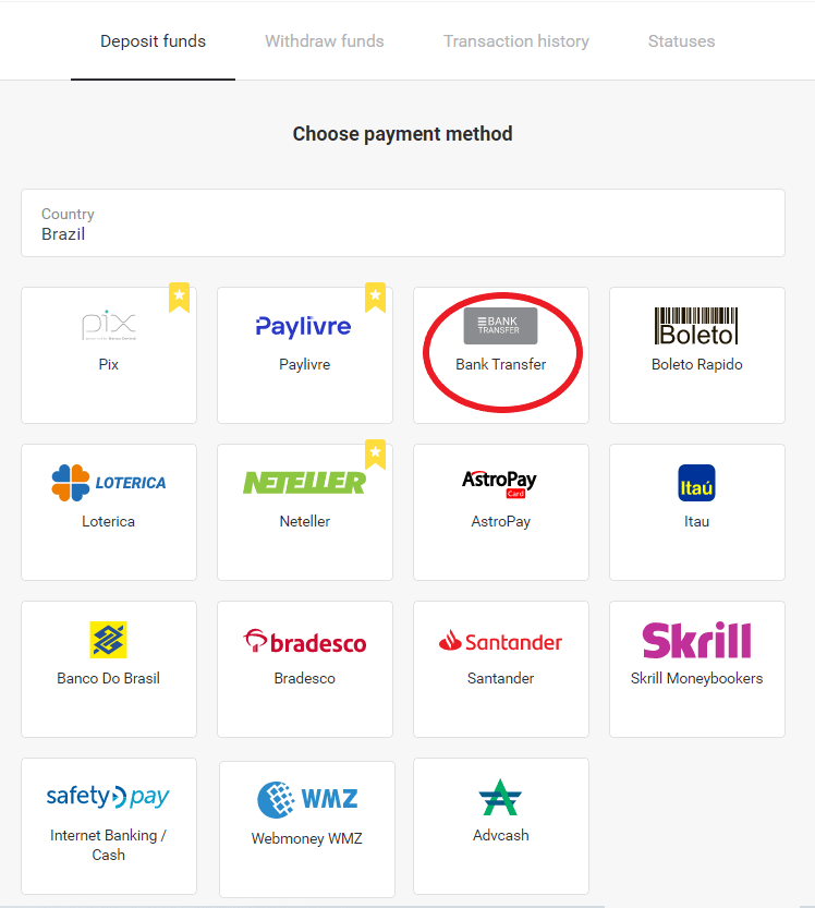 Sett inn penger på Binomo via nettbank i Brasil (Bank Transer, Paylivre, Loterica, Itau, Boleto Rapido) og e-lommebøker (Picpay, Astropay, Banco do Brasil, Santander, Bradesco, Neteller, Skrill, WebMoney, Advcash)