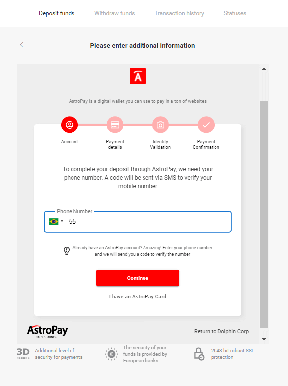 Sett inn penger på Binomo via nettbank i Brasil (Bank Transer, Paylivre, Loterica, Itau, Boleto Rapido) og e-lommebøker (Picpay, Astropay, Banco do Brasil, Santander, Bradesco, Neteller, Skrill, WebMoney, Advcash)