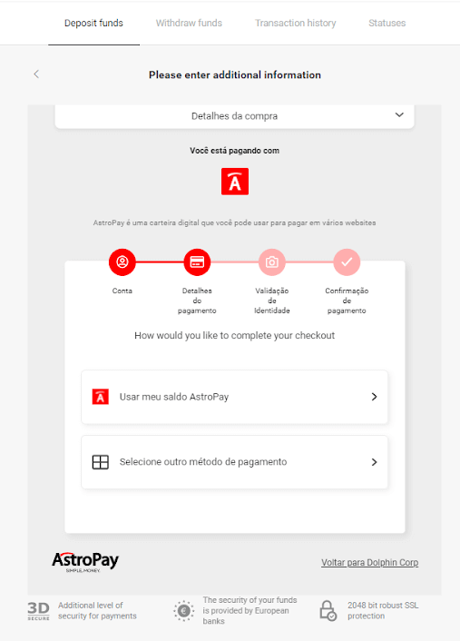 Sett inn penger på Binomo via nettbank i Brasil (Bank Transer, Paylivre, Loterica, Itau, Boleto Rapido) og e-lommebøker (Picpay, Astropay, Banco do Brasil, Santander, Bradesco, Neteller, Skrill, WebMoney, Advcash)