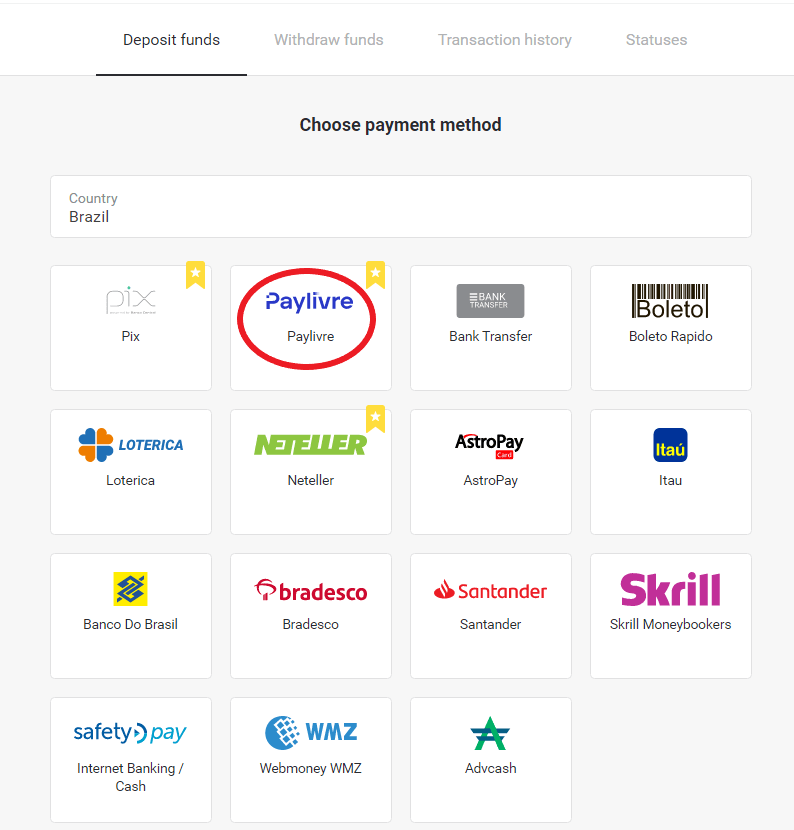 Sett inn penger på Binomo via nettbank i Brasil (Bank Transer, Paylivre, Loterica, Itau, Boleto Rapido) og e-lommebøker (Picpay, Astropay, Banco do Brasil, Santander, Bradesco, Neteller, Skrill, WebMoney, Advcash)