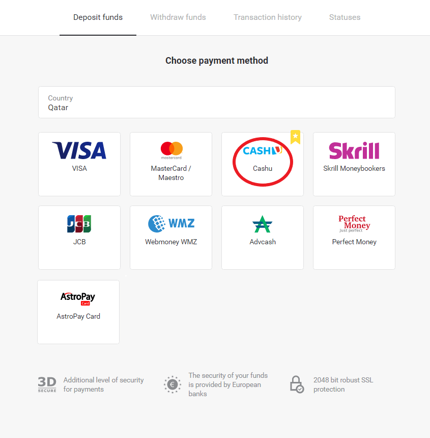 Gửi tiền trên Binomo qua Cash U