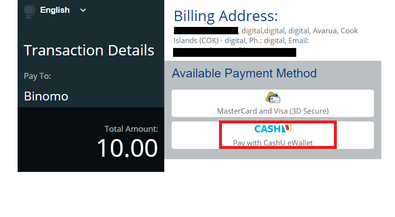 Gửi tiền trên Binomo qua Cash U
