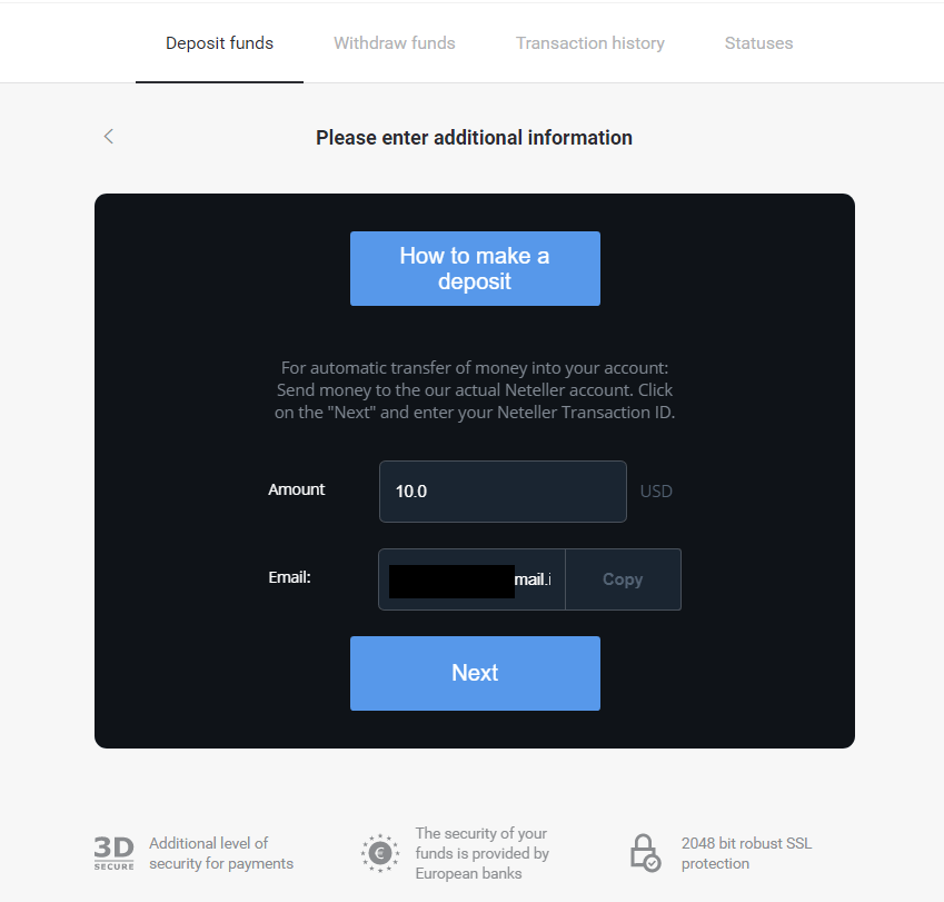 Zahlen Sie Geld über E-Wallets auf Binomo ein (Webmoney WMZ, Picpay, Neteller, Astropay, Cash U, Skrill, ADV Cash, AstroPay Card, Perfect Money)