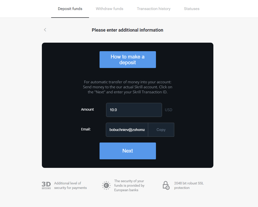 Zahlen Sie Geld über E-Wallets auf Binomo ein (Webmoney WMZ, Picpay, Neteller, Astropay, Cash U, Skrill, ADV Cash, AstroPay Card, Perfect Money)
