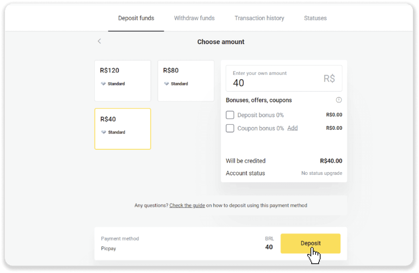 ฝากเงินผ่านการโอนเงินผ่านธนาคาร (Itau, PicPay, Loterica, Boleto Rapido ,Paylivre, Pagsmile, Bradesco, Santander) บน Binomo ฝากเงินผ่านการโอนเงินผ่านธนาคาร (Itau, PicPay, Loterica, Boleto Rapido ,Paylivre, Pagsmile, Bradesco, Santander) บน Binomo