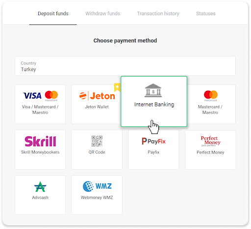 Deposit Funds in Binomo via Turkey Bank Cards (Visa / MasterCard), Internet Banking (Bank transfer, QR Code, CEPbank, AKBANK, Türkiye İş Bankası, TEB, Deniz Bank, Ziraat Bankası, Türkiye Finans) and E-wallets