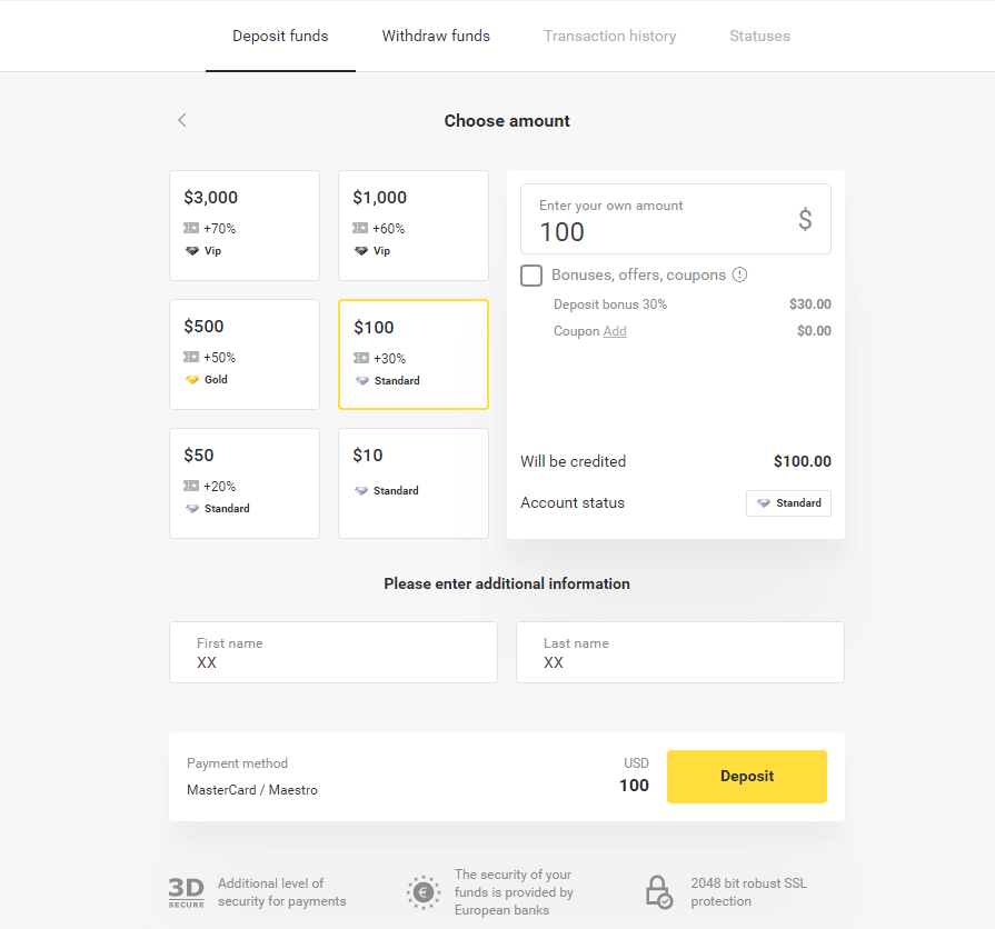 So melden Sie sich an und zahlen Geld bei Binomo ein