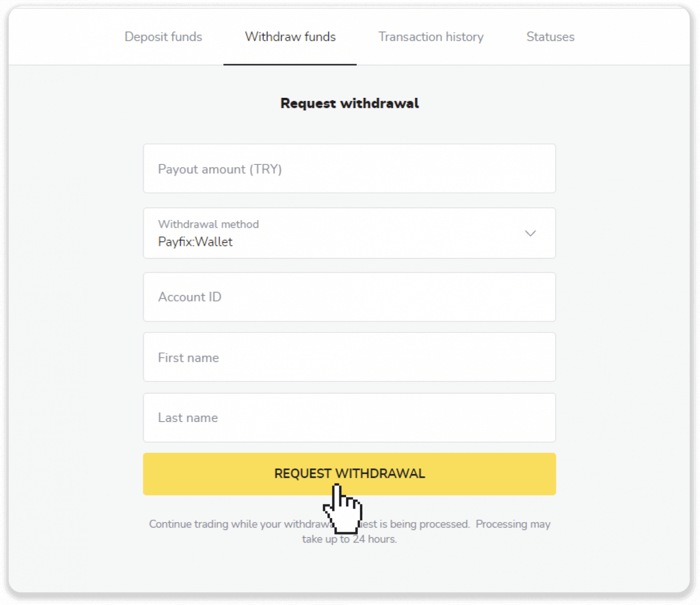Conas Cistí a Aistarraingt ó Binomo go dtí mo E-sparán (Payfix, Webmoney WMZ, Tpaga, Perfect Money, airgead tirim ADV, PayTM, Globe Pay, AstroPay, Jeton Wallet)