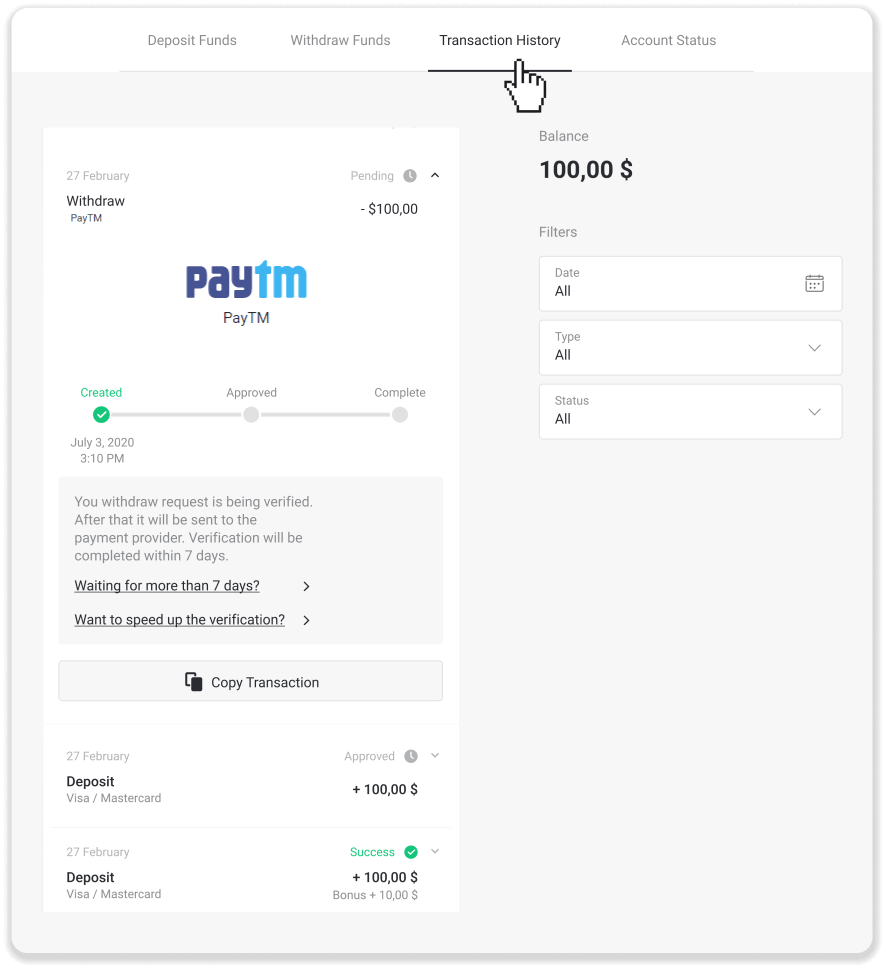 Conas Cistí a Aistarraingt ó Binomo go dtí mo E-sparán (Payfix, Webmoney WMZ, Tpaga, Perfect Money, airgead tirim ADV, PayTM, Globe Pay, AstroPay, Jeton Wallet)