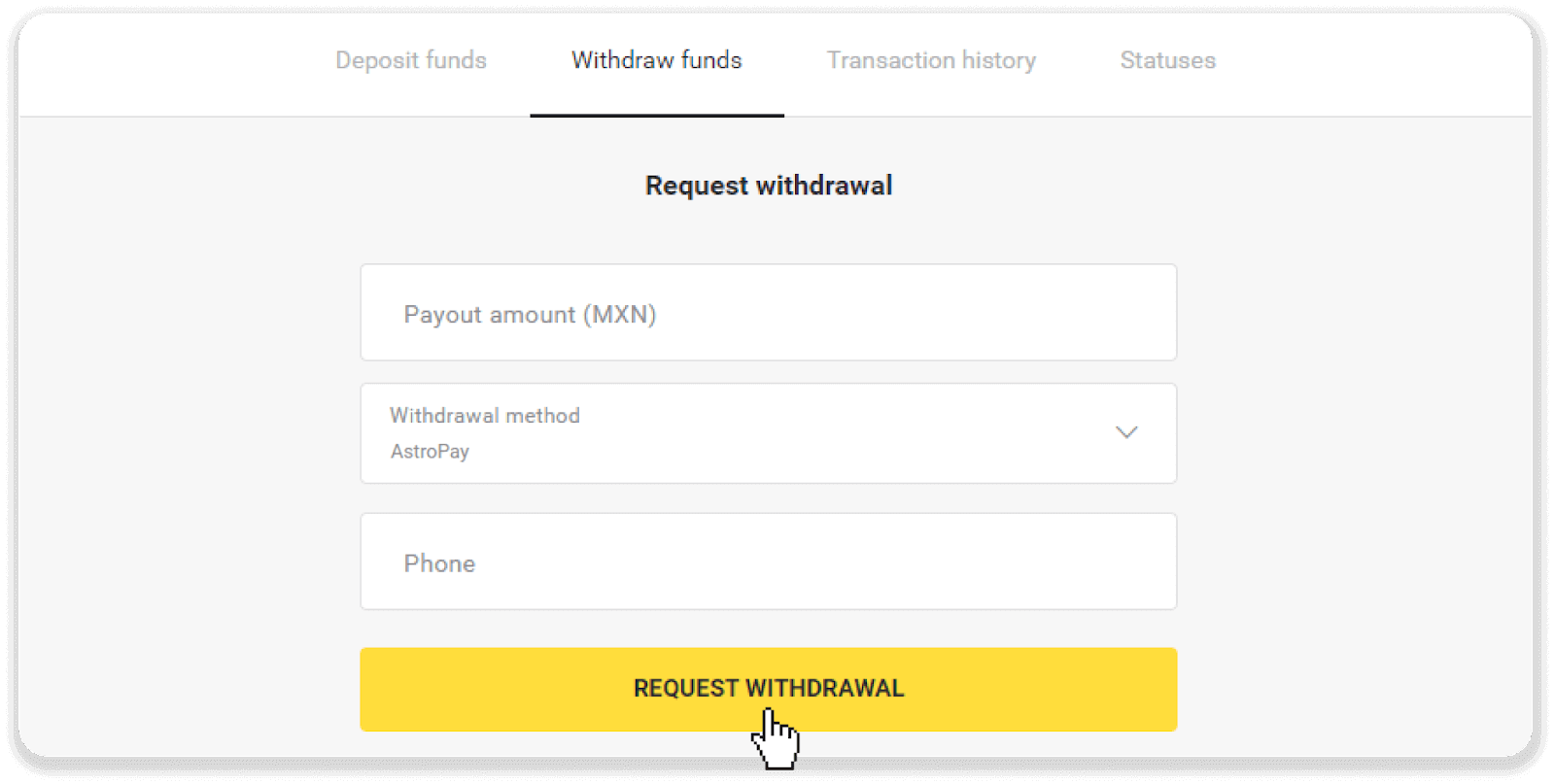 Conas Cistí a Aistarraingt ó Binomo go dtí mo E-sparán (Payfix, Webmoney WMZ, Tpaga, Perfect Money, airgead tirim ADV, PayTM, Globe Pay, AstroPay, Jeton Wallet)