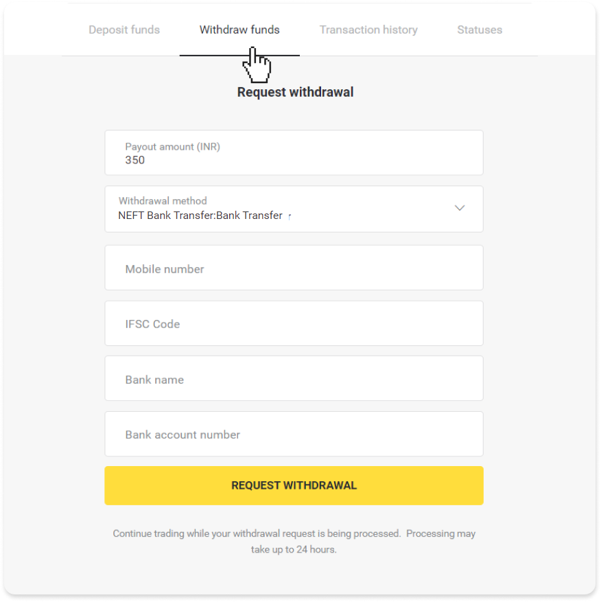 Si të tërhiqni fonde në llogarinë time bankare (transferim bankar, banking në internet, transferim bankar IMPS, transferim bankar NEFT, shkëmbyes indian, NetBanking, llogari virtuale, CEPbank, PIX) në Binomo Si të tërhiqni fonde në llogarinë time bankare (transferim bankar, banking në internet, transferim bankar IMPS, transferim bankar NEFT, shkëmbyes indian, NetBanking, llogari virtuale, CEPbank, PIX) në Binomo