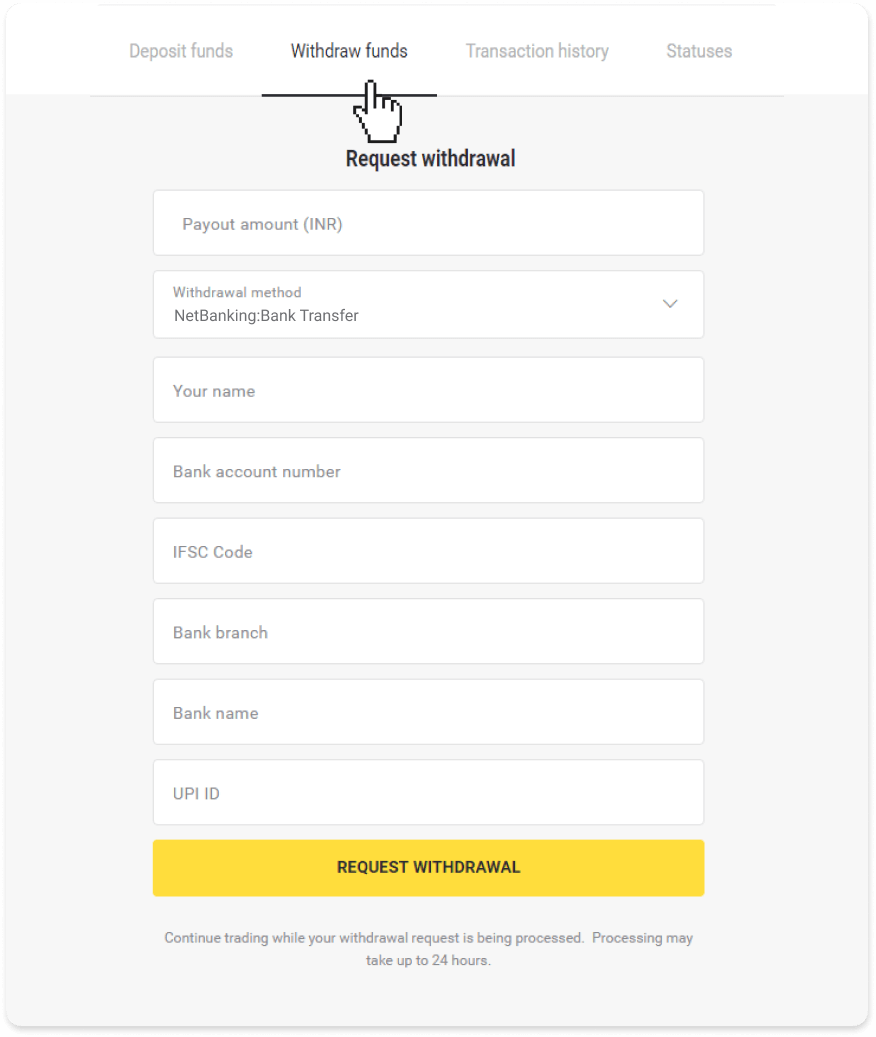 Si të tërhiqni fonde në llogarinë time bankare (transferim bankar, banking në internet, transferim bankar IMPS, transferim bankar NEFT, shkëmbyes indian, NetBanking, llogari virtuale, CEPbank, PIX) në Binomo Si të tërhiqni fonde në llogarinë time bankare (transferim bankar, banking në internet, transferim bankar IMPS, transferim bankar NEFT, shkëmbyes indian, NetBanking, llogari virtuale, CEPbank, PIX) në Binomo