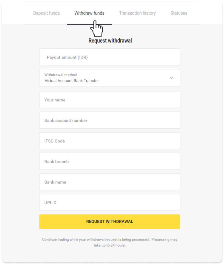 Si të tërhiqni fonde në llogarinë time bankare (transferim bankar, banking në internet, transferim bankar IMPS, transferim bankar NEFT, shkëmbyes indian, NetBanking, llogari virtuale, CEPbank, PIX) në Binomo Si të tërhiqni fonde në llogarinë time bankare (transferim bankar, banking në internet, transferim bankar IMPS, transferim bankar NEFT, shkëmbyes indian, NetBanking, llogari virtuale, CEPbank, PIX) në Binomo