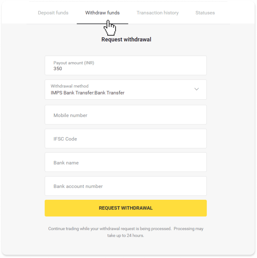 Si të tërhiqni fonde në llogarinë time bankare (transferim bankar, banking në internet, transferim bankar IMPS, transferim bankar NEFT, shkëmbyes indian, NetBanking, llogari virtuale, CEPbank, PIX) në Binomo Si të tërhiqni fonde në llogarinë time bankare (transferim bankar, banking në internet, transferim bankar IMPS, transferim bankar NEFT, shkëmbyes indian, NetBanking, llogari virtuale, CEPbank, PIX) në Binomo